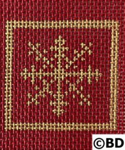 A red and gold cross stitch pattern with a snowflake.