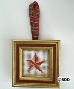 A cross stitch ornament hanging on the wall.