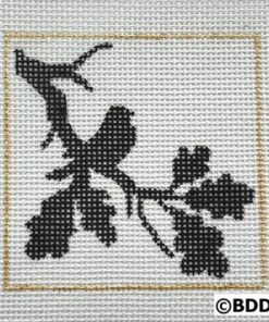 A black and white picture of a bird on a branch.