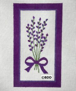 A purple ribbon and lavender bouquet in a frame.