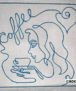 A woman with coffee is drawn in the style of an embroidery.