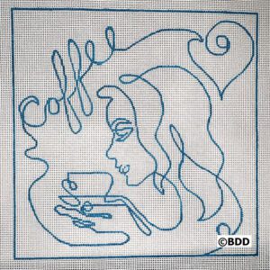 A woman with coffee is drawn in the style of an embroidery.