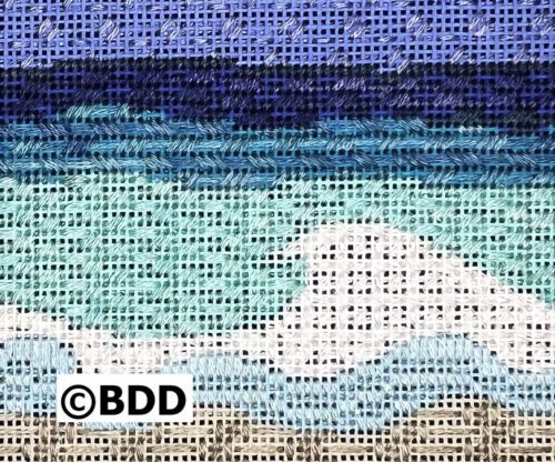 A cross stitch pattern of the ocean and beach.