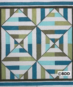 A quilt with blue, green and white squares.