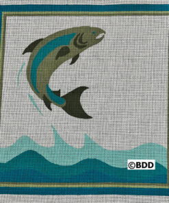 Jumping fish over stylized ocean waves.