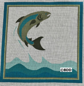 Jumping fish over stylized ocean waves.