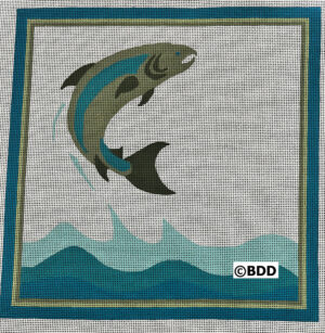 Jumping fish over stylized ocean waves.