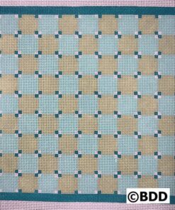 A square quilt with squares in blue and brown.