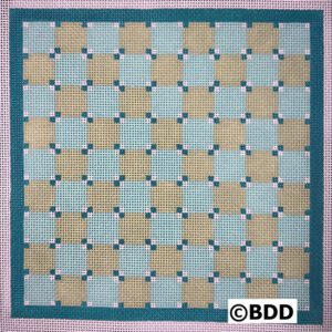 A square quilt with squares in blue and brown.