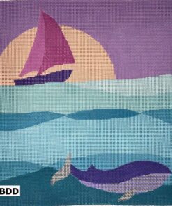 A whale and boat in the ocean with sun setting.