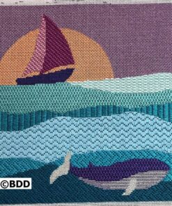 Sailboat and whales at sunset needlepoint.