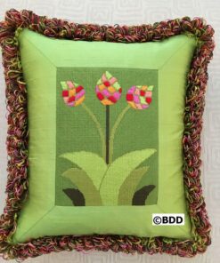 Needlepoint pillow, colorful flowers, green.