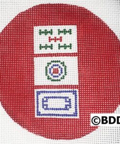 A red circle with three different designs on it.