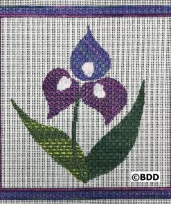Needlepoint of purple flowers with leaves.