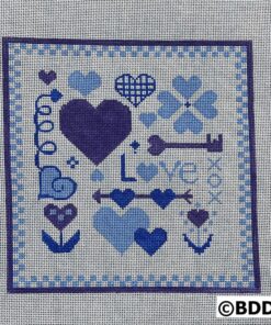 Needlepoint design; blue hearts, love.
