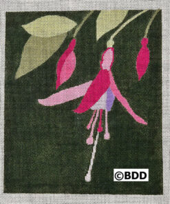 Pink flower needlepoint on dark background.