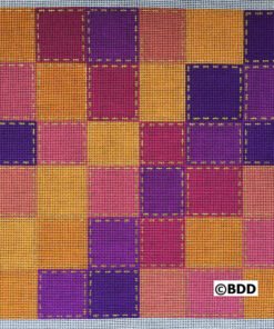 Colorful checkerboard pattern with yellow stitching.