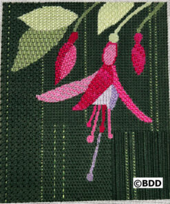 Pink flower needlepoint on dark green background.