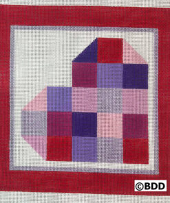 Patchwork heart in red and purple squares.